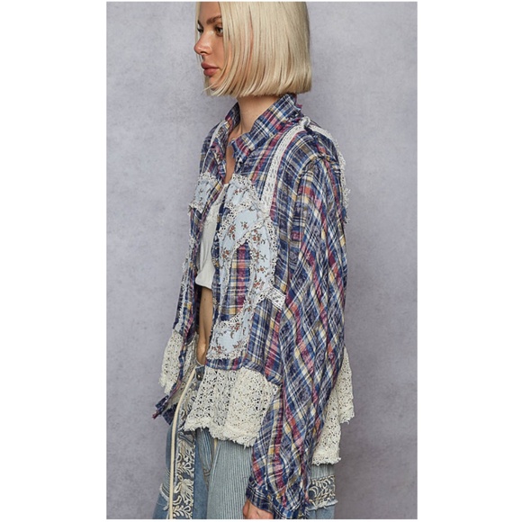 POL Blue Mix Plaid Floral Print Peace Patchwork Long Sleeve Button Up Shirt  Cot - Picture 2 of 4